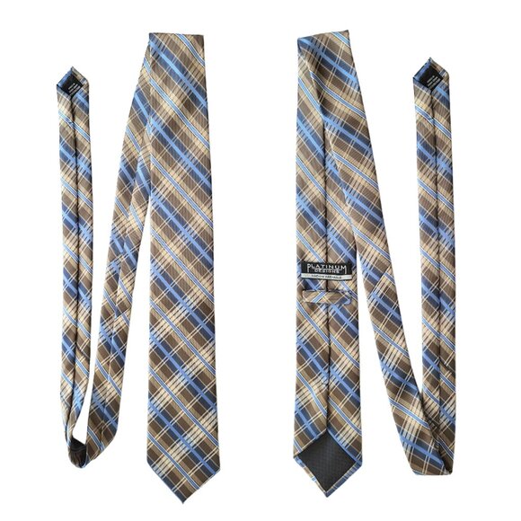 PLATINUM DESIGNS Tan & Blue Plaid 100% Polyester Handmade Tie - Men's OS - Picture 4 of 5